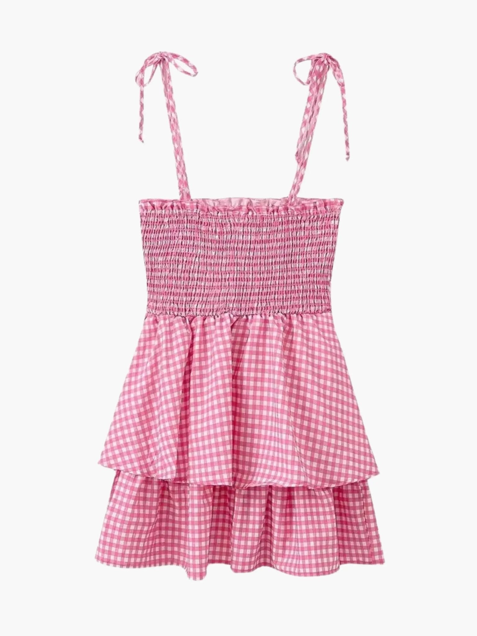 Women Mini Dress Checked Smocked Spaghetti Strap Style - Evergreen Outfits- Women Mini Dress
