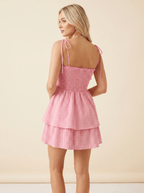 Women Mini Dress Checked Smocked Spaghetti Strap Style - Evergreen Outfits- Women Mini Dress