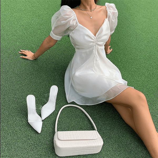 Women Mini Dress Crystal White V-Neck - Evergreen Outfits- Women Mini Dress
