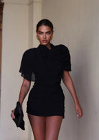 Women Mini Dress Draped High Shoulder Sleeveless Fitted - Evergreen Outfits- Women Mini Dress
