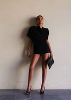Women Mini Dress Draped High Shoulder Sleeveless Fitted - Evergreen Outfits- Women Mini Dress