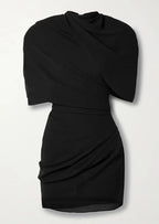 Women Mini Dress Draped High Shoulder Sleeveless Fitted - Evergreen Outfits- Women Mini Dress