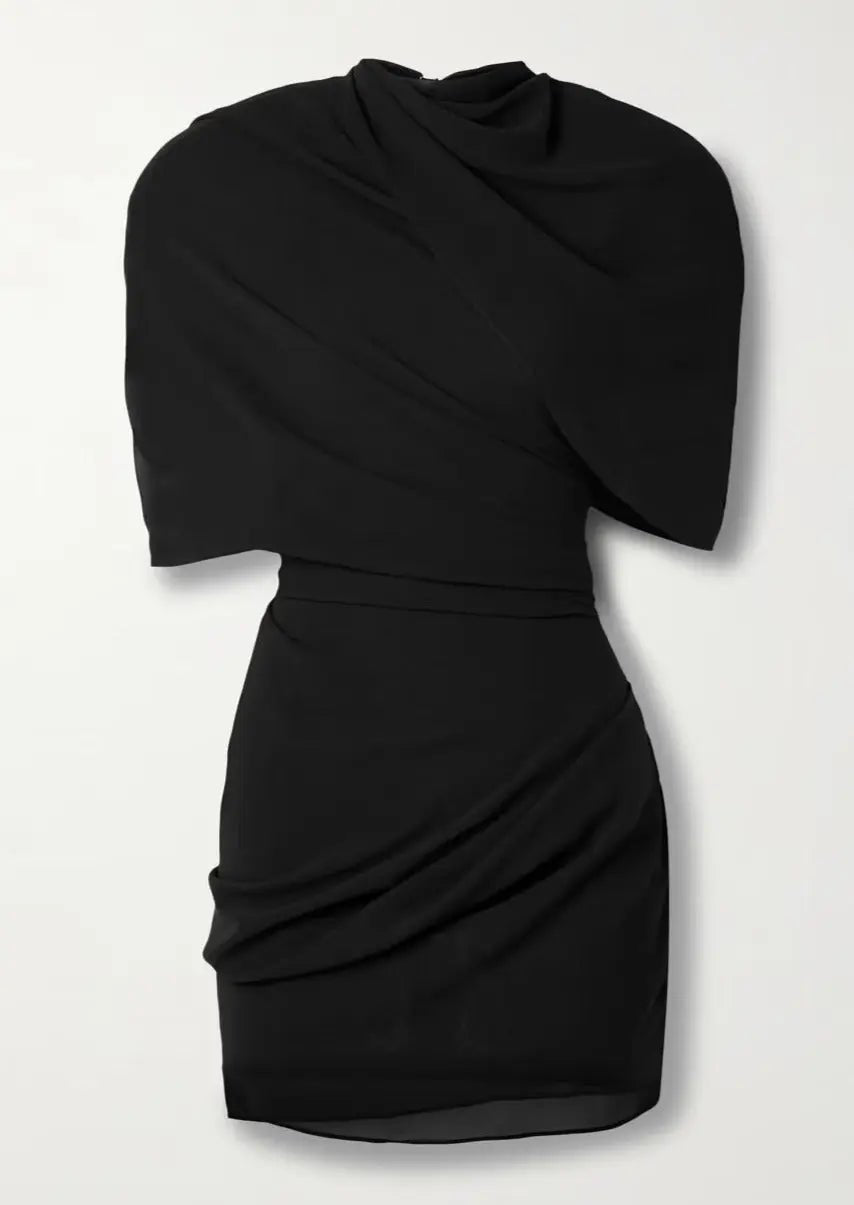 Women Mini Dress Draped High Shoulder Sleeveless Fitted - Evergreen Outfits- Women Mini Dress