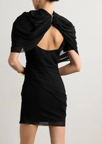 Women Mini Dress Draped High Shoulder Sleeveless Fitted - Evergreen Outfits- Women Mini Dress
