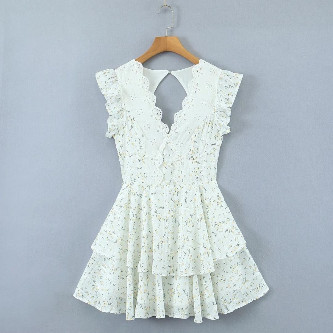 Women Mini Dress Eyelet Floral Embroidered V Neck Design - Evergreen Outfits - Women Mini Dress
