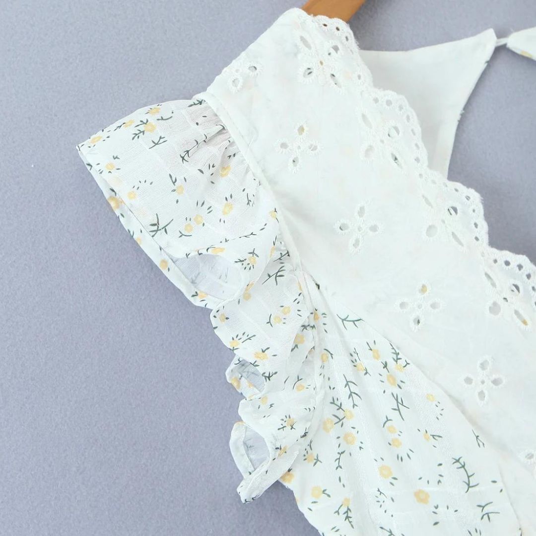 Women Mini Dress Eyelet Floral Embroidered V Neck Design - Evergreen Outfits - Women Mini Dress