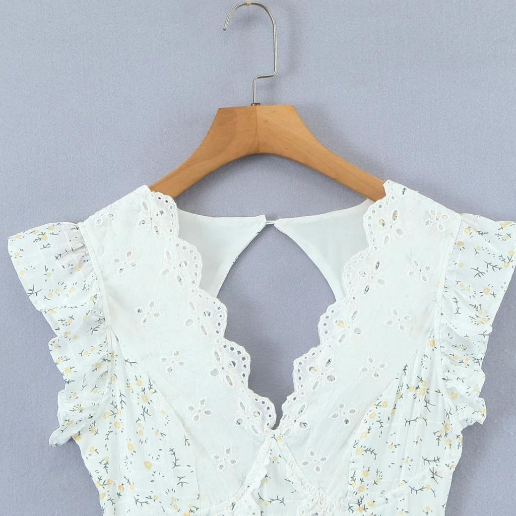 Women Mini Dress Eyelet Floral Embroidered V Neck Design - Evergreen Outfits - Women Mini Dress