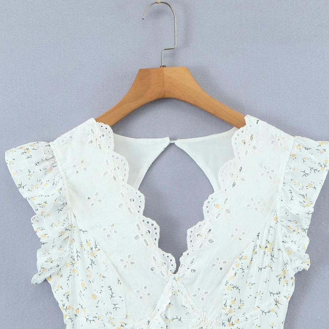 Women Mini Dress Eyelet Floral Embroidered V Neck Design - Evergreen Outfits - Women Mini Dress