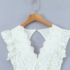 Women Mini Dress Eyelet Floral Embroidered V Neck Design - Evergreen Outfits - Women Mini Dress