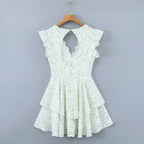 Women Mini Dress Eyelet Floral Embroidered V Neck Design - Evergreen Outfits - Women Mini Dress