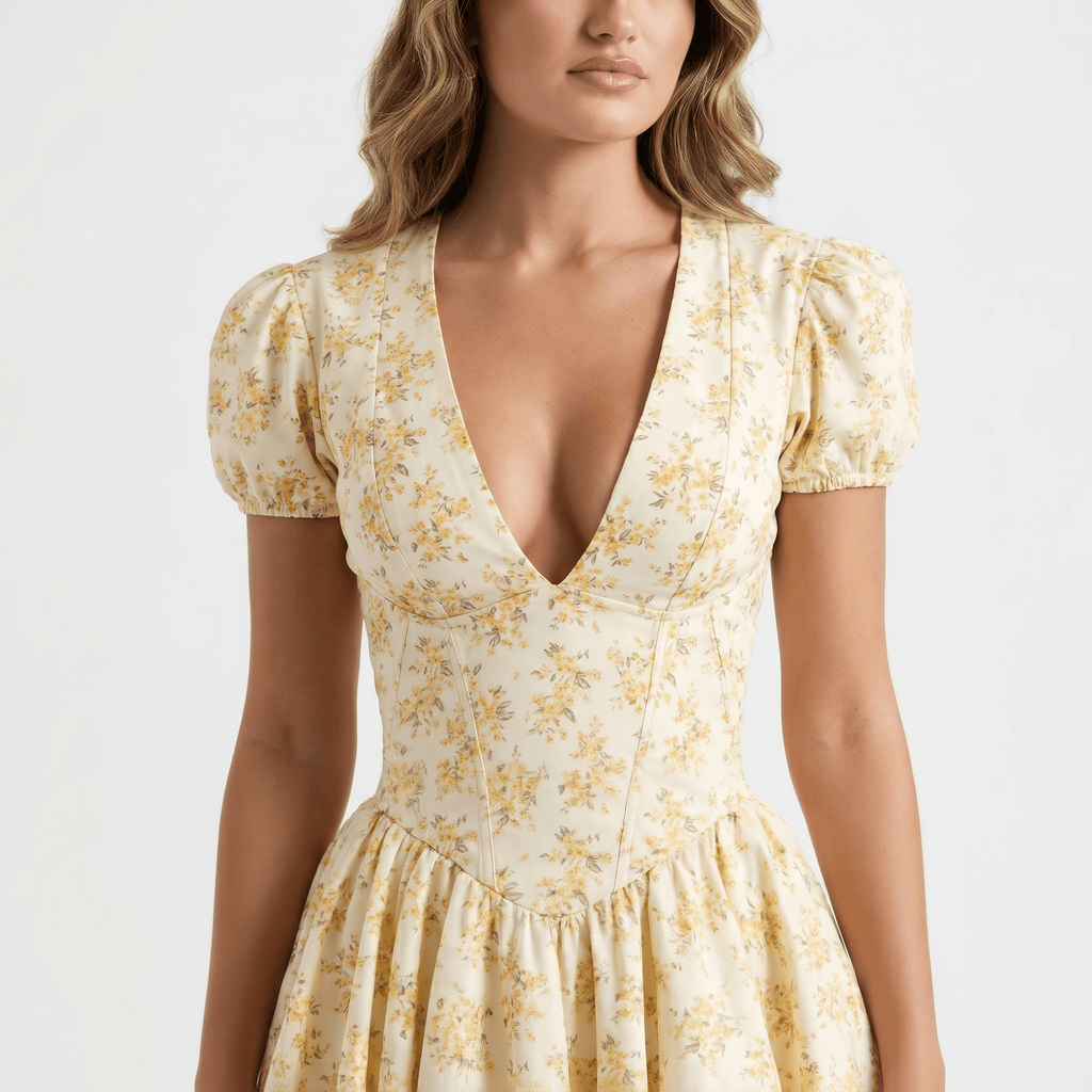 Women Mini Dress Fitted Puff Sleeve Backless Lace Up - Evergreen Outfits - Women Mini Dress