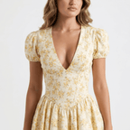 Women Mini Dress Fitted Puff Sleeve Backless Lace Up - Evergreen Outfits - Women Mini Dress