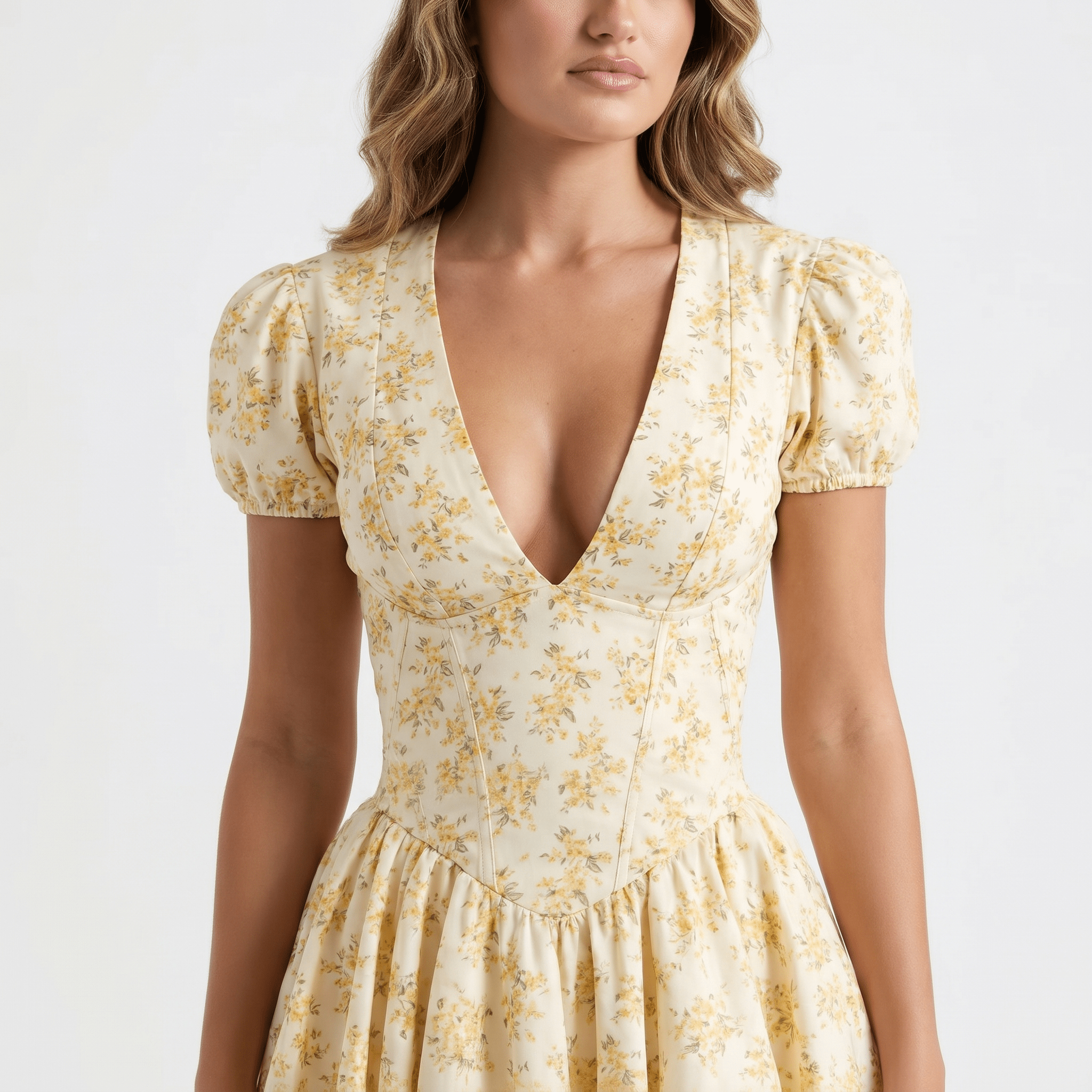 Women Mini Dress Fitted Puff Sleeve Backless Lace Up - Evergreen Outfits - Women Mini Dress