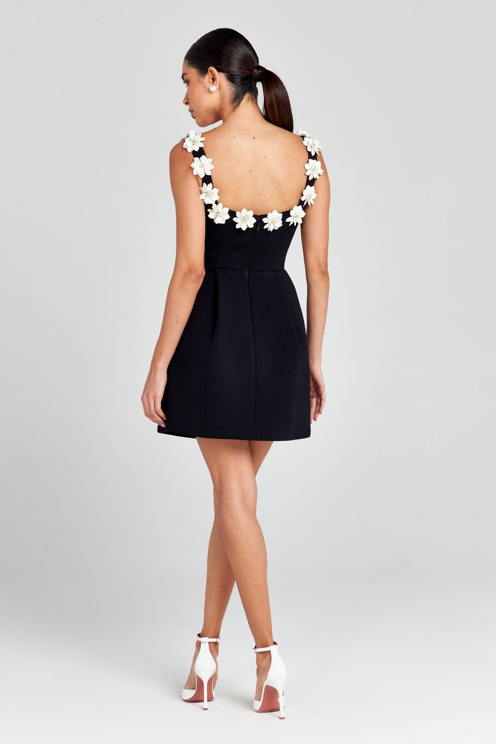 Women Mini Dress Fitted Sleeveless Floral Applique Design - Evergreen Outfits - Women Mini Dress