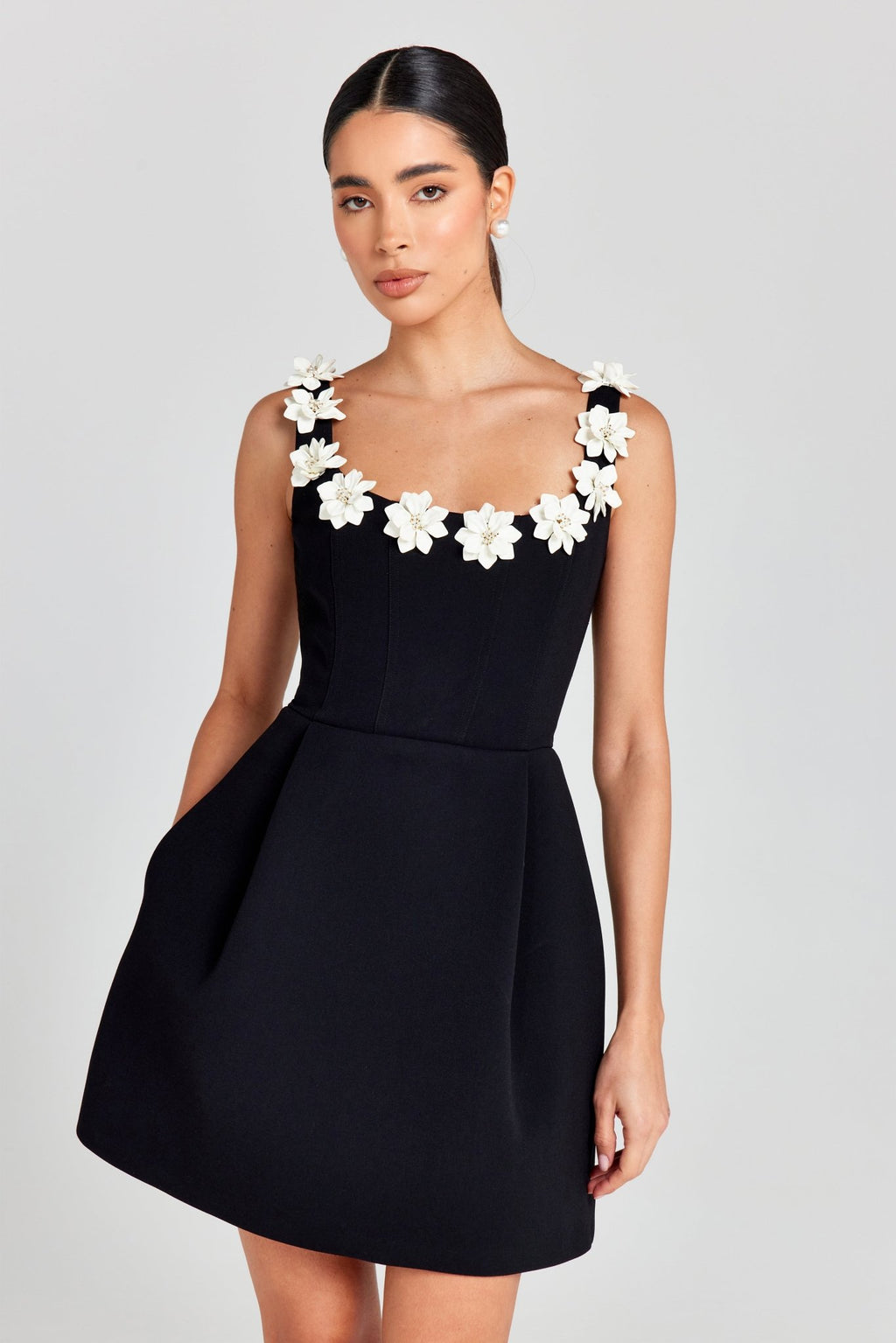 Women Mini Dress Fitted Sleeveless Floral Applique Design - Evergreen Outfits - Women Mini Dress