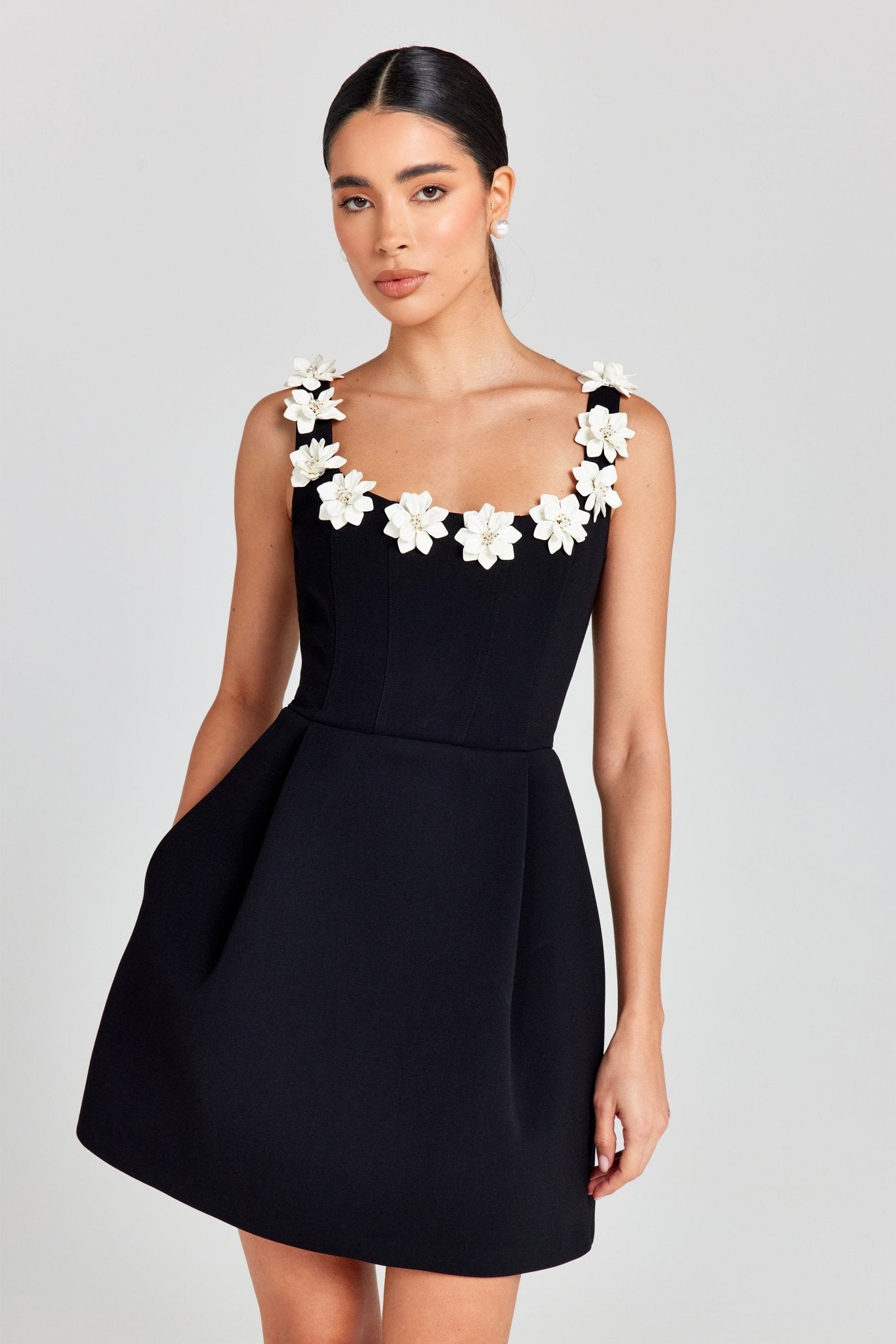 Women Mini Dress Fitted Sleeveless Floral Applique Design - Evergreen Outfits - Women Mini Dress