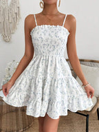 Women Mini Dress Floral Print Ruffle Spaghetti Strap - Evergreen Outfits - Women Mini Dress