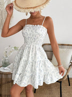 Women Mini Dress Floral Print Ruffle Spaghetti Strap - Evergreen Outfits - Women Mini Dress