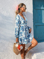 Women Mini Dress Floral V Neck Long Sleeve Ruffle Hem - Evergreen Outfits - Women Mini Dress