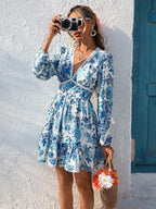 Women Mini Dress Floral V Neck Long Sleeve Ruffle Hem - Evergreen Outfits - Women Mini Dress