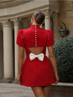 Women Mini Dress Hollow Cutout Tie Slim Fit Bow Detail - Evergreen Outfits- Women Mini Dress