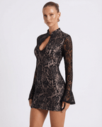 Women Mini Dress Lace Bodycon High Neck Flared Sleeve - Evergreen Outfits - Women Mini Dress