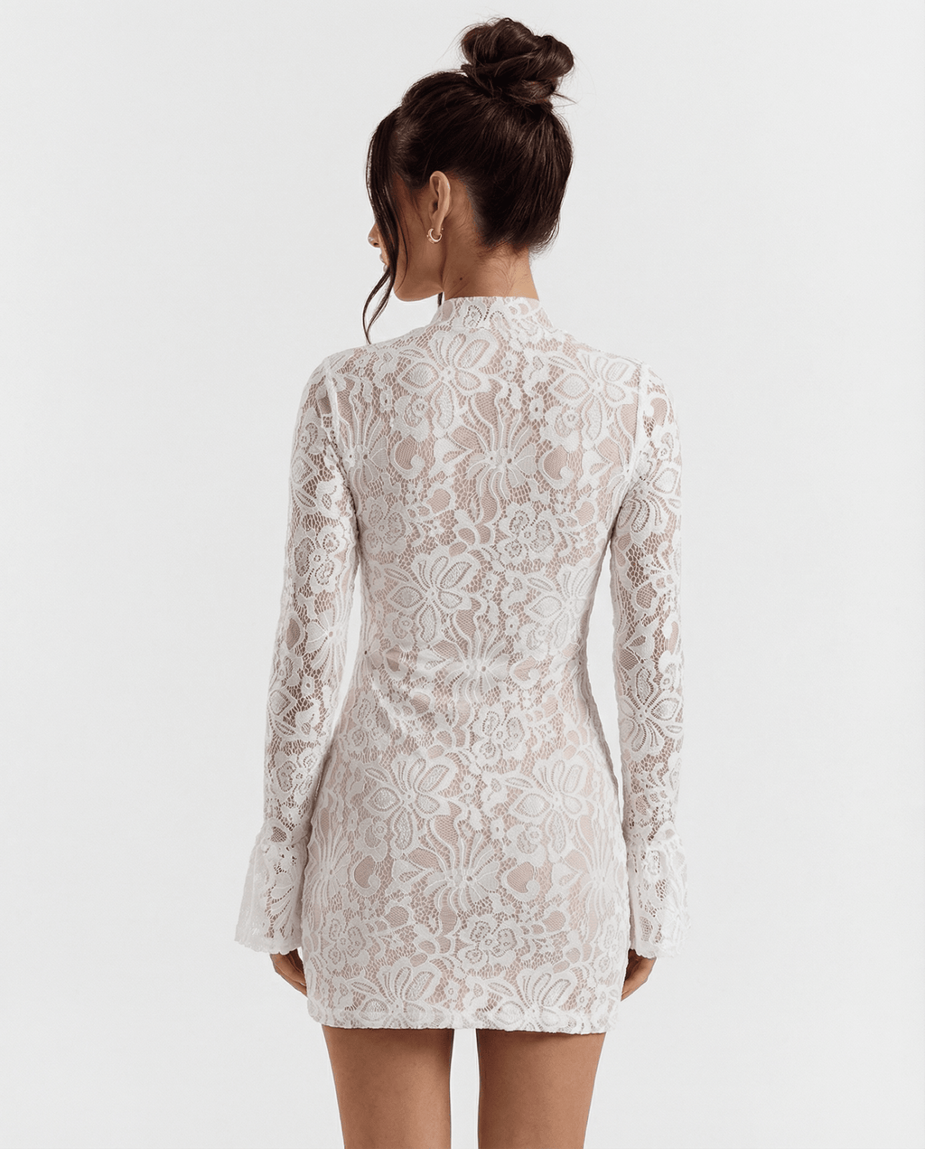 Women Mini Dress Lace Bodycon High Neck Flared Sleeve - Evergreen Outfits - Women Mini Dress