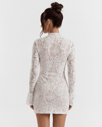 Women Mini Dress Lace Bodycon High Neck Flared Sleeve - Evergreen Outfits - Women Mini Dress