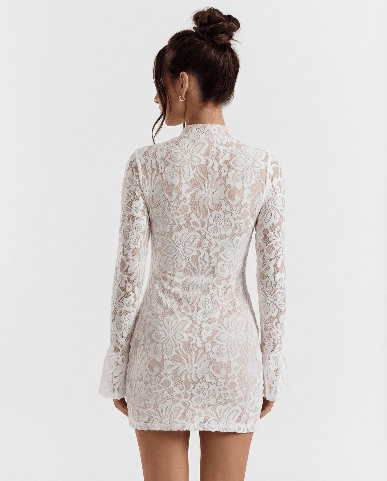 Women Mini Dress Lace Bodycon High Neck Flared Sleeve - Evergreen Outfits - Women Mini Dress