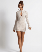 Women Mini Dress Lace Bodycon High Neck Flared Sleeve - Evergreen Outfits - Women Mini Dress