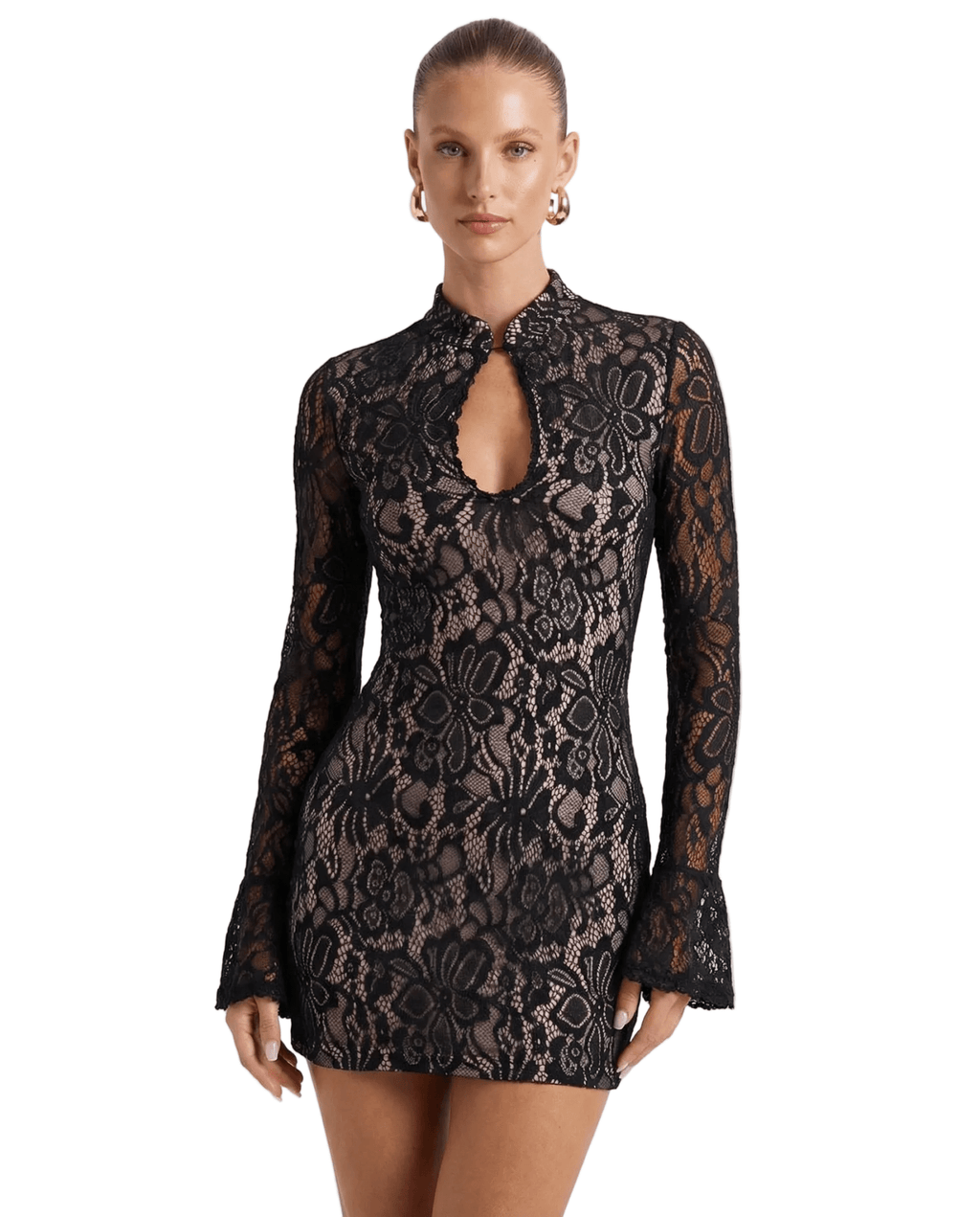 Women Mini Dress Lace Bodycon High Neck Flared Sleeve - Evergreen Outfits - Women Mini Dress