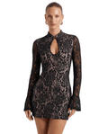 Women Mini Dress Lace Bodycon High Neck Flared Sleeve - Evergreen Outfits - Women Mini Dress