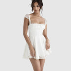 Women Mini Dress Lace Square Neck Backless Pleated Design - Evergreen Outfits - Women Mini Dress