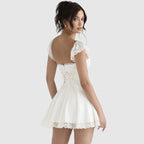 Women Mini Dress Lace Square Neck Backless Pleated Design - Evergreen Outfits - Women Mini Dress
