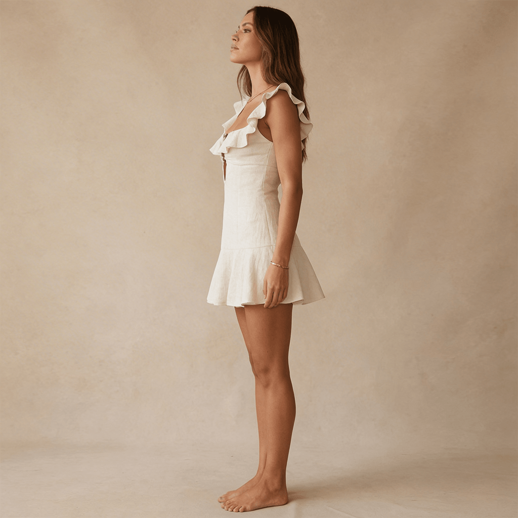 Women Mini Dress Linen V Neck Spaghetti Strap Design - Evergreen Outfits - Women Mini Dress