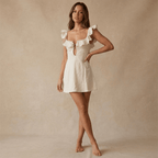 Women Mini Dress Linen V Neck Spaghetti Strap Design - Evergreen Outfits - Women Mini Dress