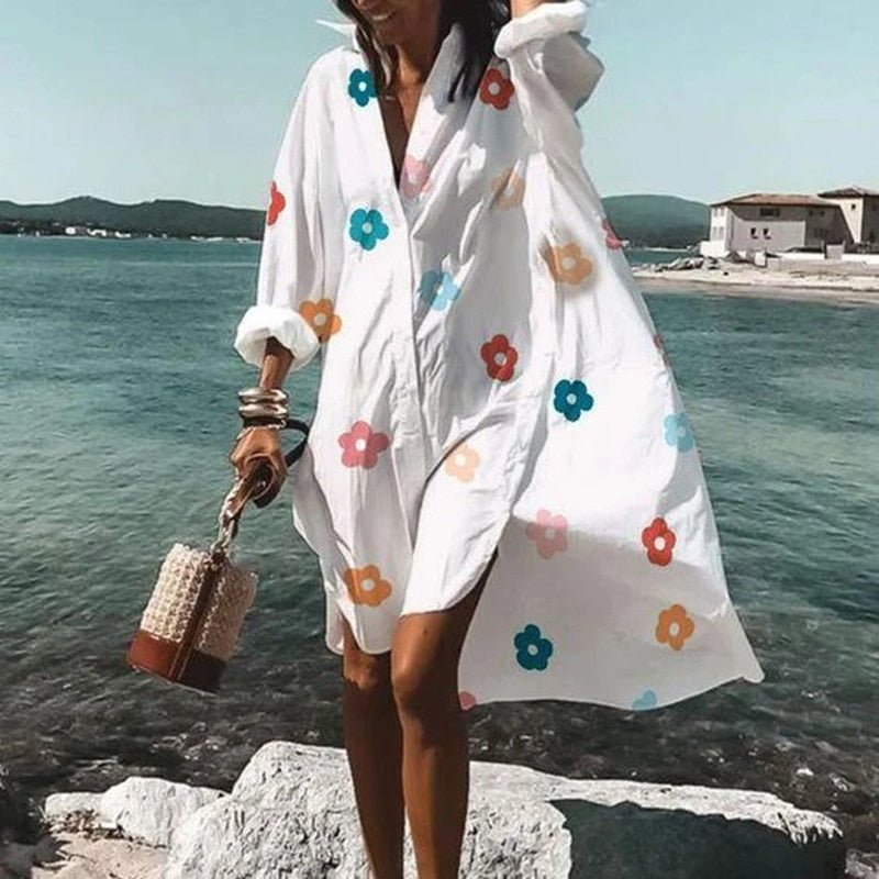 Women Mini Dress Loose Fit Long Sleeve Button Closure - Evergreen Outfits - Women Mini Dress