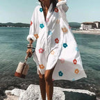 Women Mini Dress Loose Fit Long Sleeve Button Closure - Evergreen Outfits - Women Mini Dress