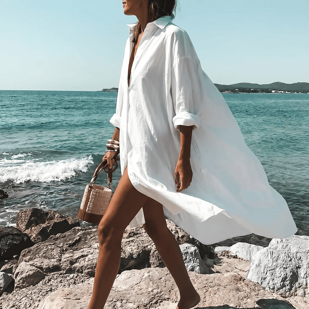 Women Mini Dress Loose Fit Long Sleeve Button Closure - Evergreen Outfits - Women Mini Dress