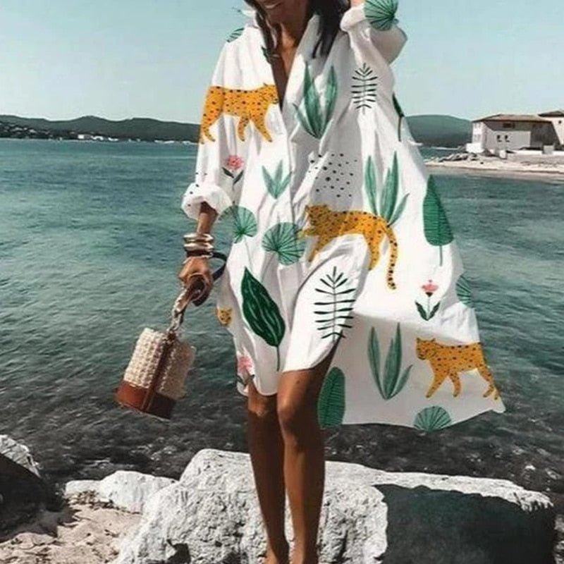 Women Mini Dress Loose Fit Long Sleeve Button Closure - Evergreen Outfits - Women Mini Dress