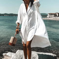 Women Mini Dress Loose Fit Long Sleeve Button Closure - Evergreen Outfits - Women Mini Dress