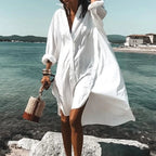 Women Mini Dress Loose Fit Long Sleeve Button Closure - Evergreen Outfits - Women Mini Dress