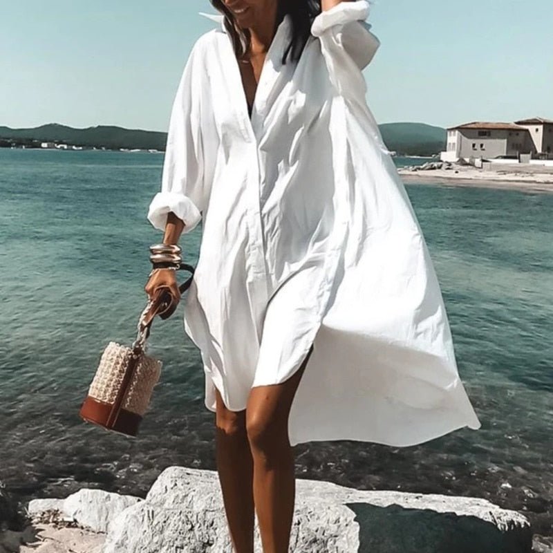Women Mini Dress Loose Fit Long Sleeve Button Closure - Evergreen Outfits - Women Mini Dress