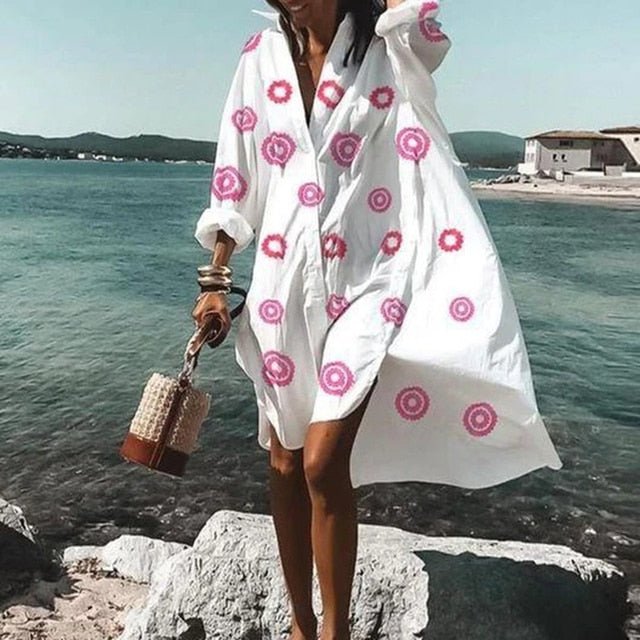 Women Mini Dress Loose Fit Long Sleeve Button Closure - Evergreen Outfits - Women Mini Dress