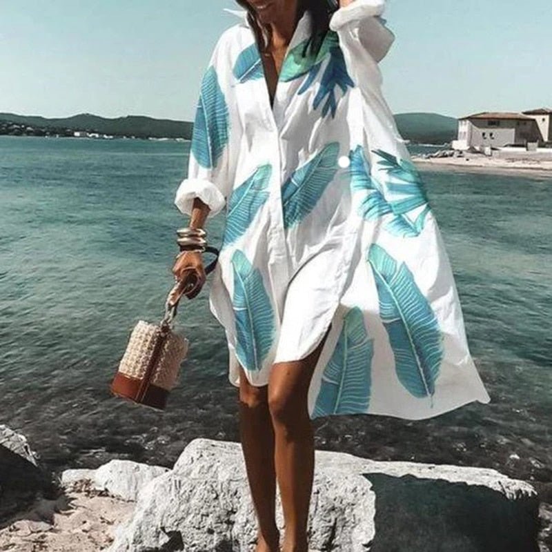 Women Mini Dress Loose Fit Long Sleeve Button Closure - Evergreen Outfits - Women Mini Dress
