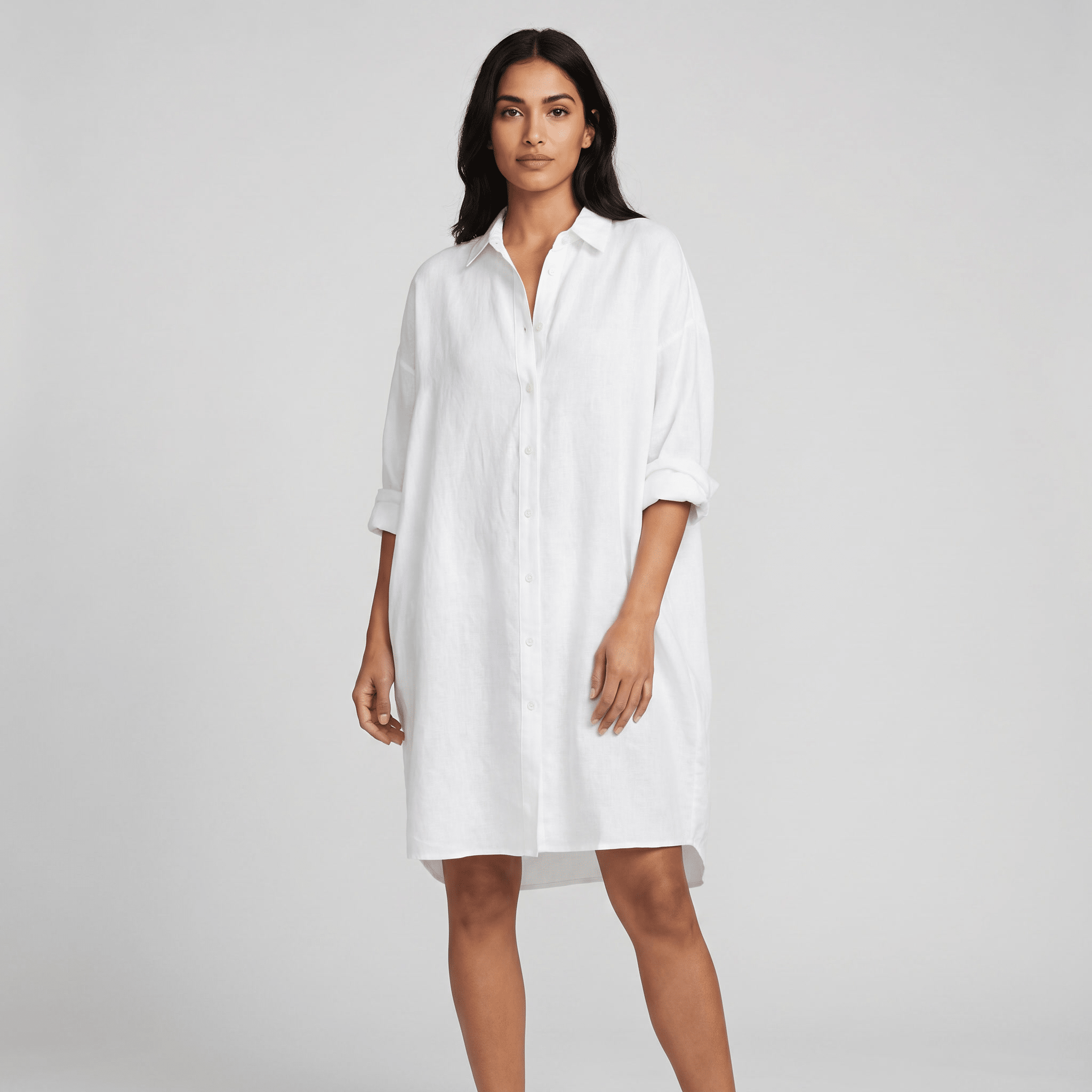 Women Mini Dress Loose Fit Long Sleeve Button Closure - Evergreen Outfits - Women Mini Dress