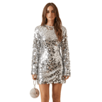 Women Mini Dress Round Neck Long Sleeve Sequined Detail - Evergreen Outfits - Women Mini Dress