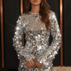 Women Mini Dress Round Neck Long Sleeve Sequined Detail - Evergreen Outfits - Women Mini Dress