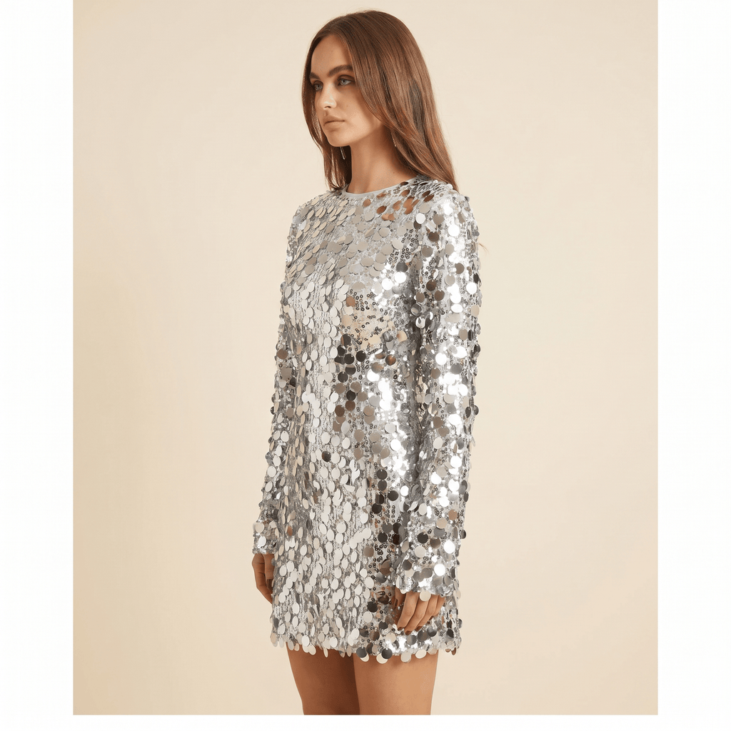Women Mini Dress Round Neck Long Sleeve Sequined Detail - Evergreen Outfits - Women Mini Dress