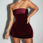 Women Mini Dress Satin Solid Color Round Neck Design - Evergreen Outfits - Women Mini Dress